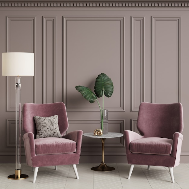 Cassic interior with pink armchair and floor lamp