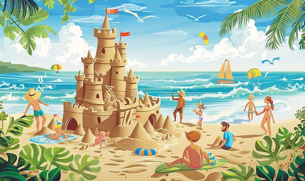 a castle on the beach with a castle in the background