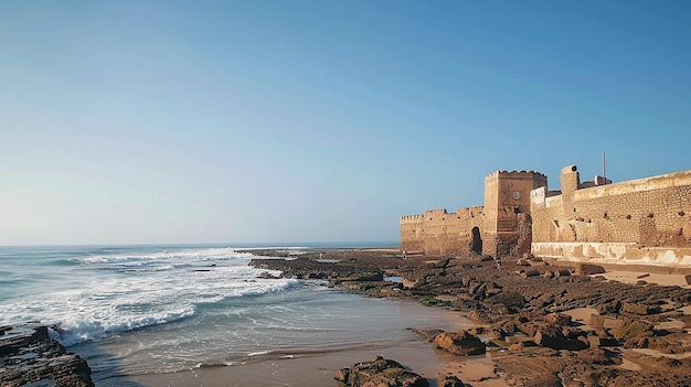 a castle on the beach with the ocean in the background