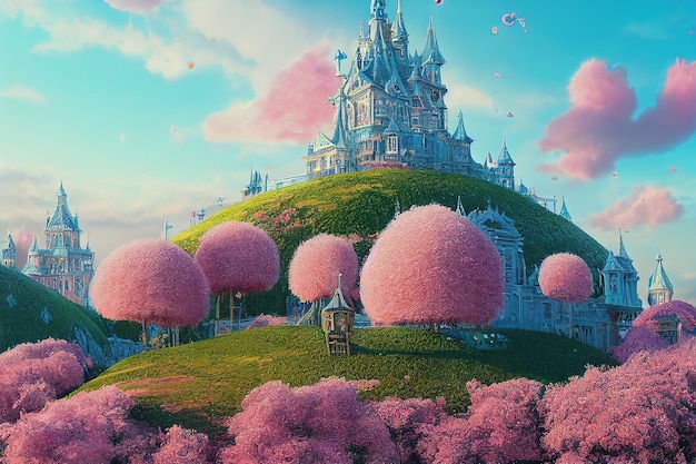 Castle under blue sky with fluffy pink clouds green grass and trees with pink foliage 3d illustration