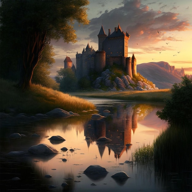 Castle by river at sunset nice landscape in summer