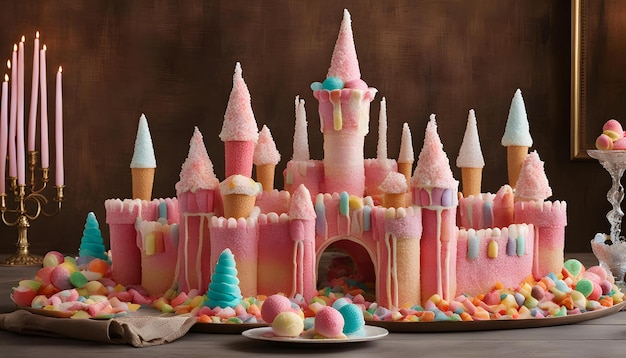 a castle cake with a castle on the top and a plate of cookies on the table