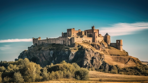 A castle on a cliff with a blue sky in the background.