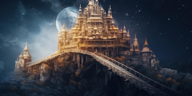 A castle on a cliff with a full moon in the background