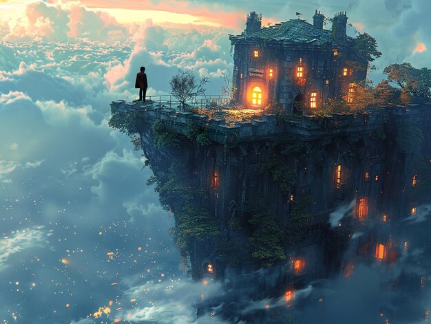 Photo a castle on a cliff with a man standing on the edge of it