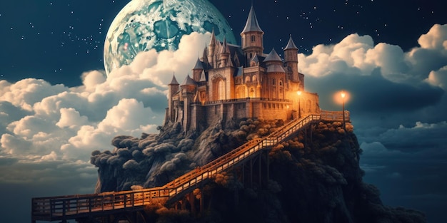 A castle on a cliff with a moon in the background