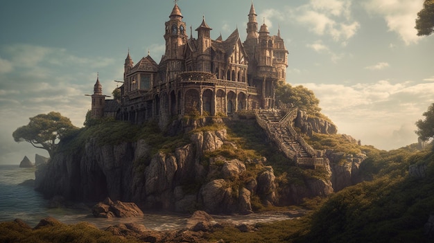 A castle on a cliff with a sky background