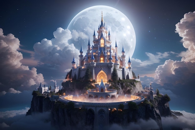 Castle in the Clouds Crafting a Whimsical Dreamscape with a Floating Castle and Moonlight Glow