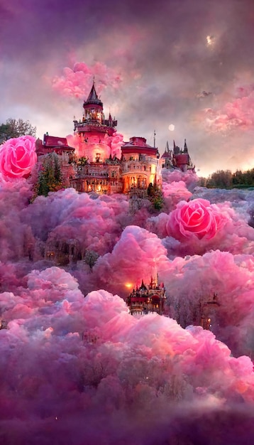 Castle in the clouds with pink roses in the foreground generative ai