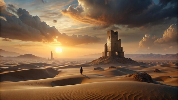 Photo a castle in the desert with a man standing in front of it