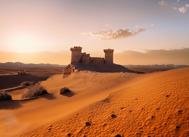 A castle in the desert with the sun setting