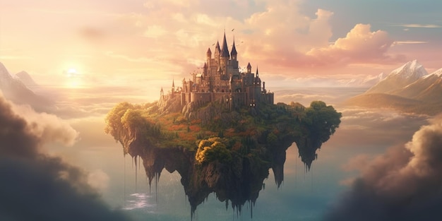 A castle on a floating island with a sky background