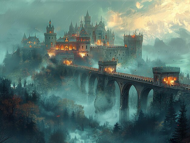 a castle in the fog with a bridge in the background