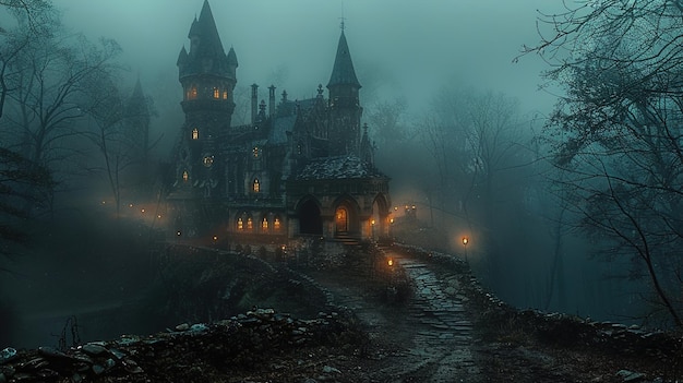 a castle in the fog