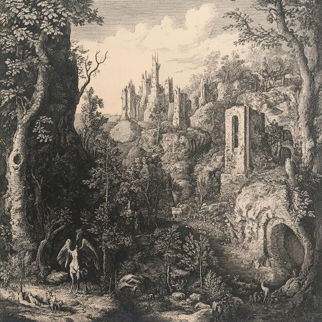 Photo a castle in the forest with a man and a horse