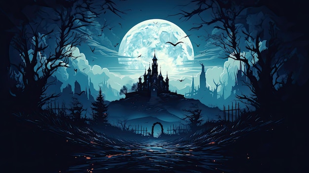 Castle haunted house and ghost hands tomb on full moon night