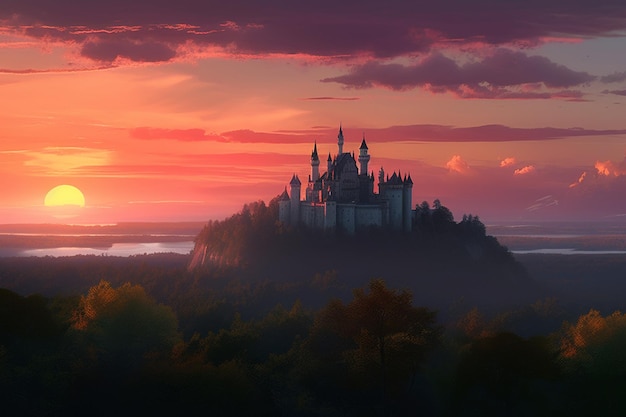 Castle on a hill at sunset