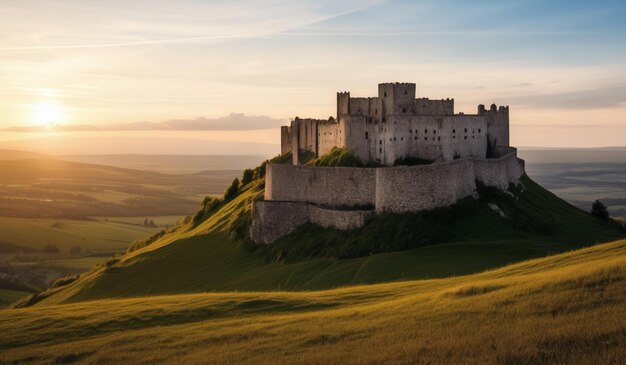 castle on a hill at sunset