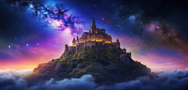 A castle on a hill with a galaxy background