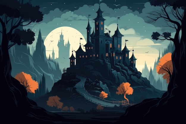 A castle on a hill with a moon behind it