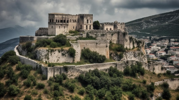 A castle on a hill with mountains in the background