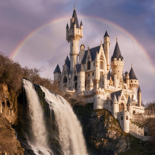 castle on a hill with a rainbow in the sky