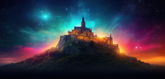 A castle on a hill with a starry sky in the background