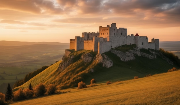 a castle on a hill with a sunset in the background