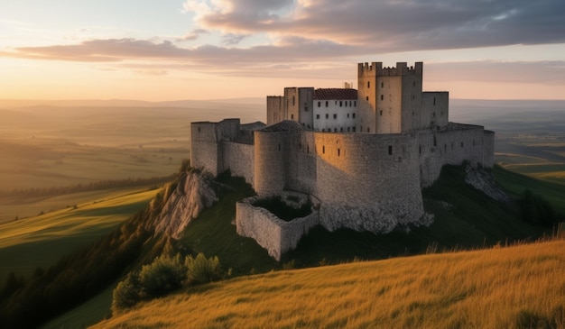 a castle on a hill with a sunset in the background