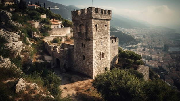 A castle on a hill with a view of the city below.