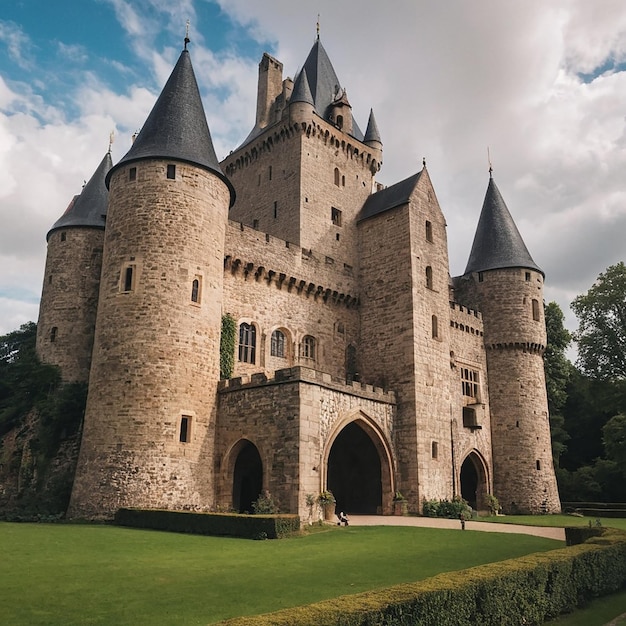 Photo castle house with a red roof sits on a hill the house is surrounded by trees