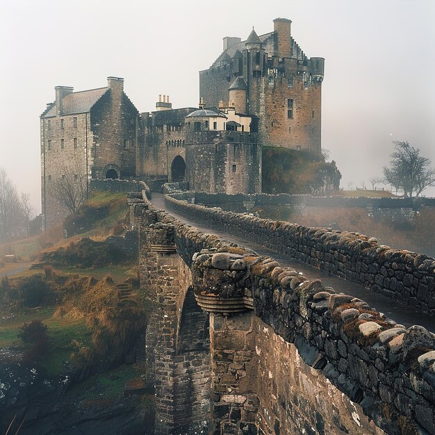 Photo a castle is on a foggy day with a castle in the background