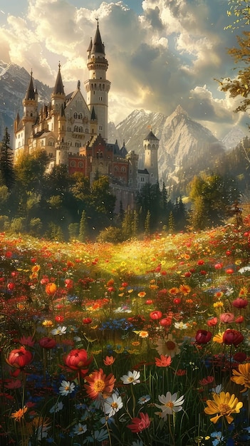 a castle is surrounded by flowers and a castle