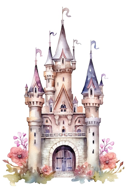 Castle kingdom watercolor clipart cute isolated on white background with Generative AI