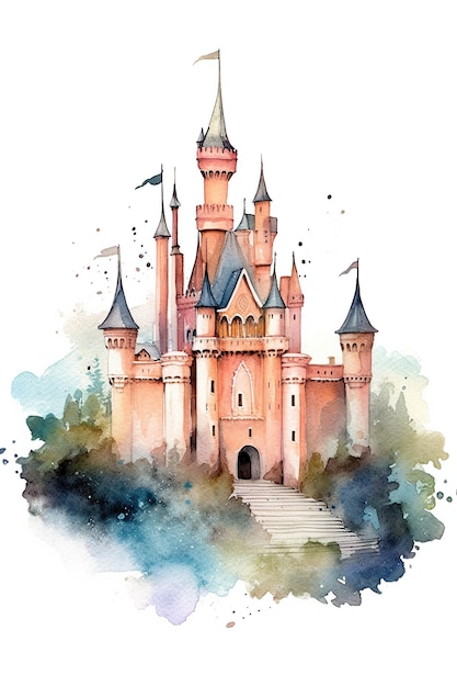 Castle kingdom watercolor clipart cute isolated on white background with Generative AI