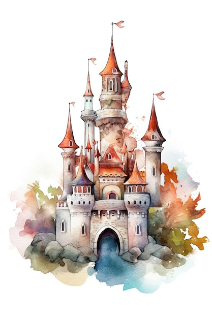 Castle kingdom watercolor clipart cute isolated on white background with Generative AI