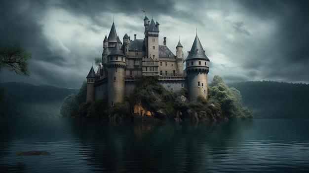 A castle on a lake with a cloudy sky in the background.