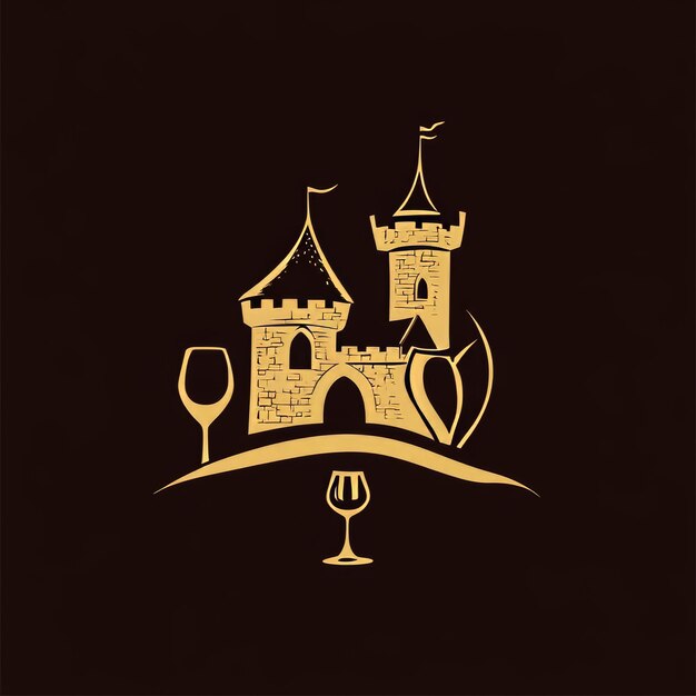 Photo castle logo on a dark background vector illustration of a medieval castle with wine glasses