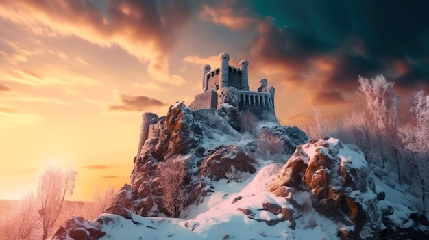 Castle on mountain top in winter medieval citadel at sunset generative AI