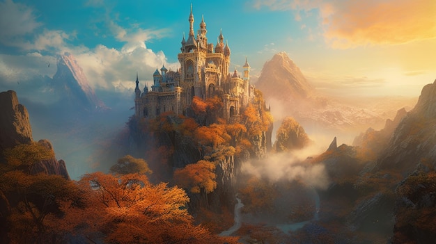 A castle on a mountain with autumn leaves