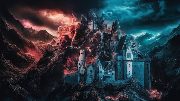 A castle on a mountain with a castle on the top and dark background