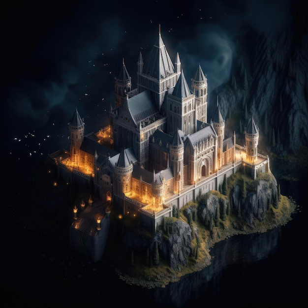 A castle on a mountain with a glowing fire in the sky