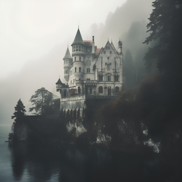 Photo a castle on a mountain with a lake in the background