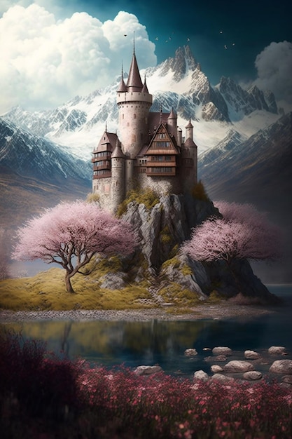 A castle on a mountain with a mountain in the background