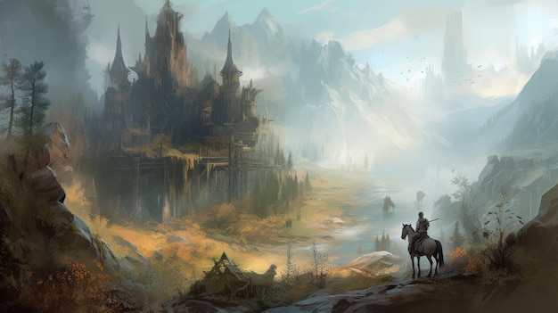 A castle in the mountains with a man on a horse