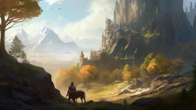 A castle in the mountains with a man on a horse