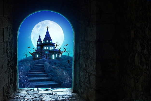 Castle behind open door   Halloween Castle and a Full Moon banner or poster background