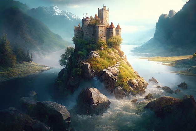 Castle on river island at sunset fantasy mountain landscape illustration generative AI