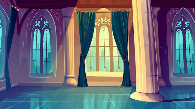 Photo castle royal ballroom interior cartoon background medieval hall ball with curtain generative ai