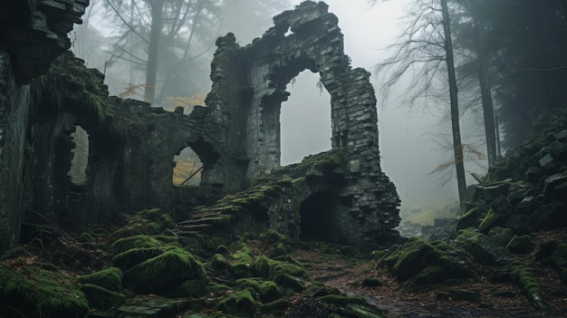 Photo castle in ruins surrounded by mist